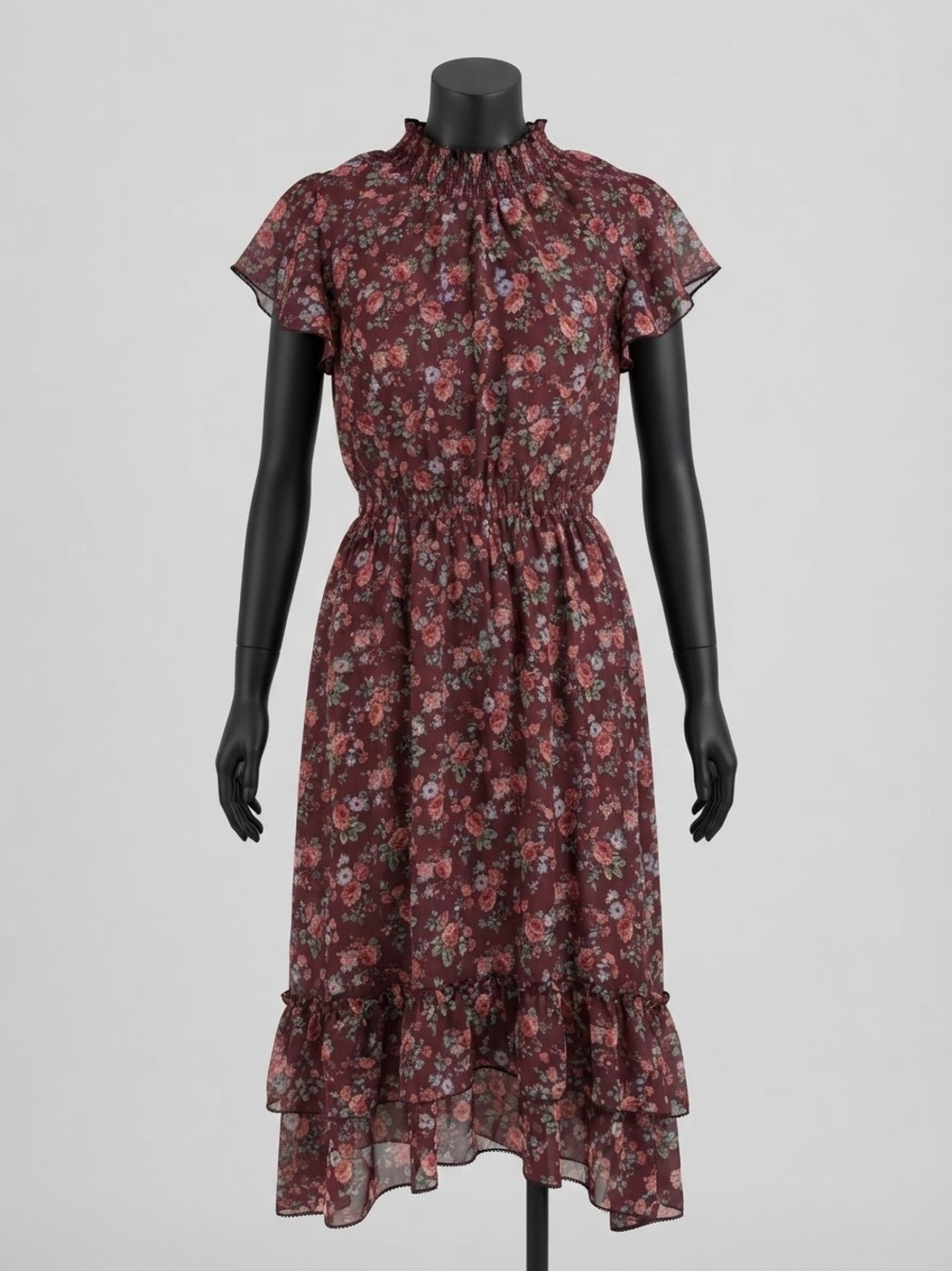Floral Ruffle Midi Dress in Burgundy
